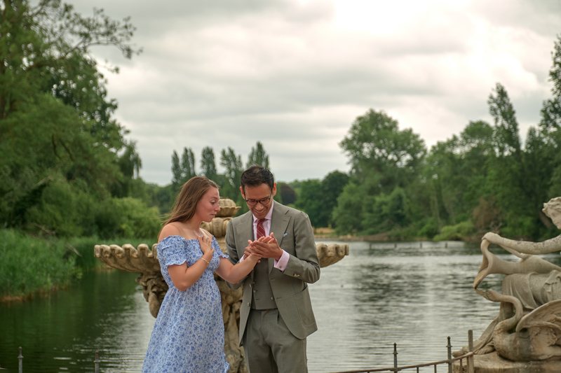 Lucy and Victor by the lake at the Italian Garden, London