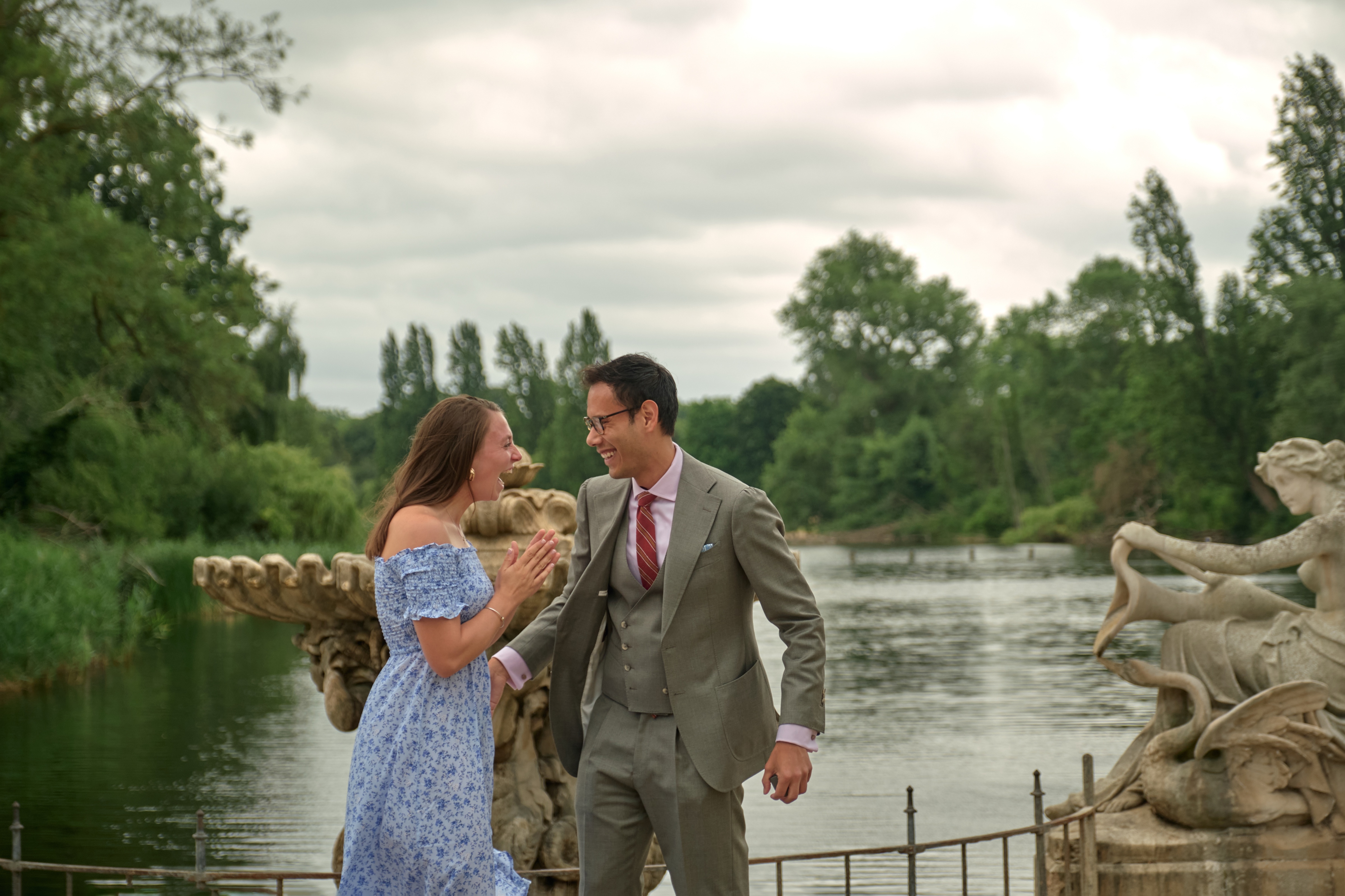 Lucy and Victor laughing together at the Italian Garden, London